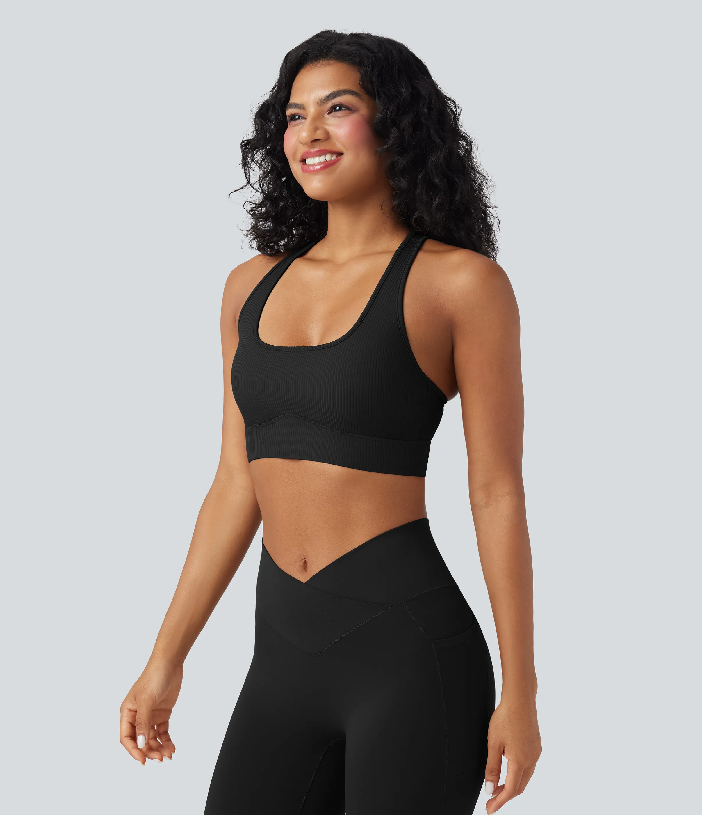 Halara Sujetador deportivo de yoga de punto acanalado con soporte ligero, escote en U y espalda cut-out - Black - XS sold by Halara product image thumbnail 4