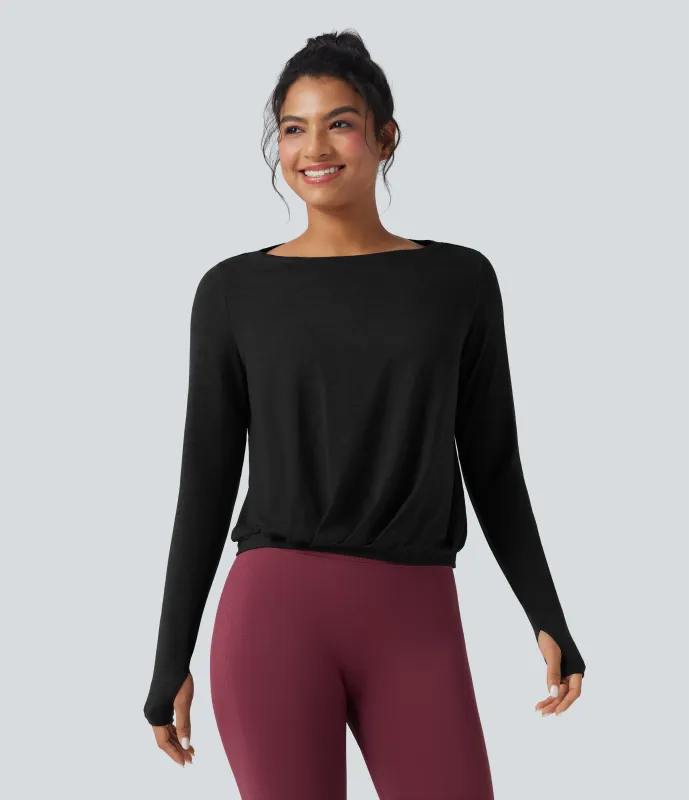 Halara Top deportivo de yoga con cuello barco fruncido y aberturas para los pulgares - Mottled Hemp Black - M sold by Halara