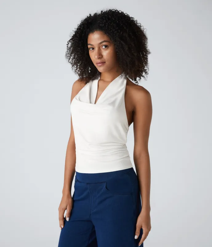 Halara Top sin manga fruncido sin espalda cuello vuelto halter - White - M sold by Halara