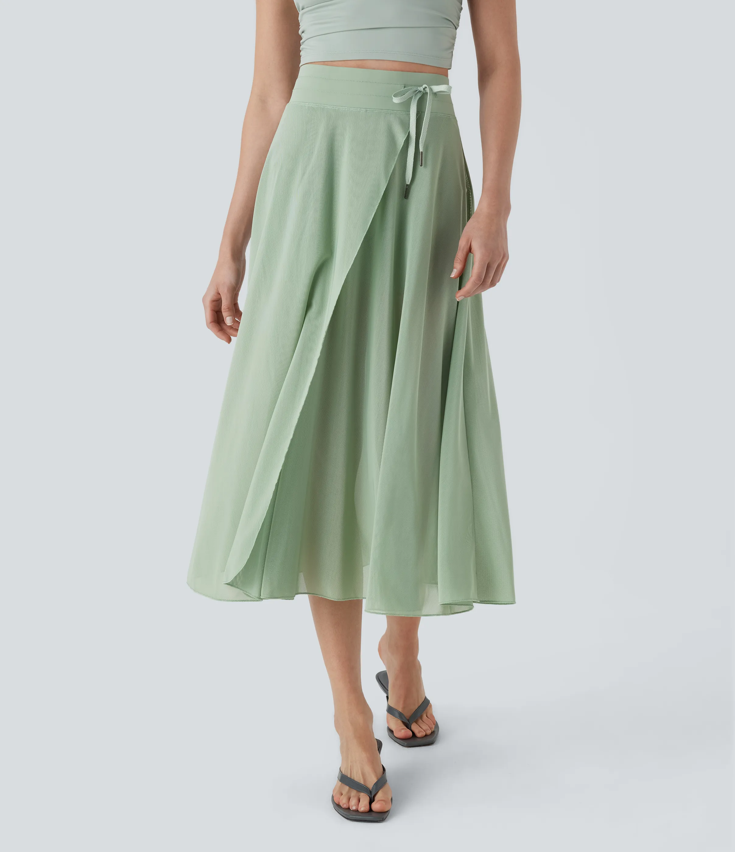 Halara Falda midi casual 2 en 1 acampanada con bolsillo lateral de tiro alto con cordón y malla en contraste - Iceberg Green - L sold by Halara product image thumbnail 4