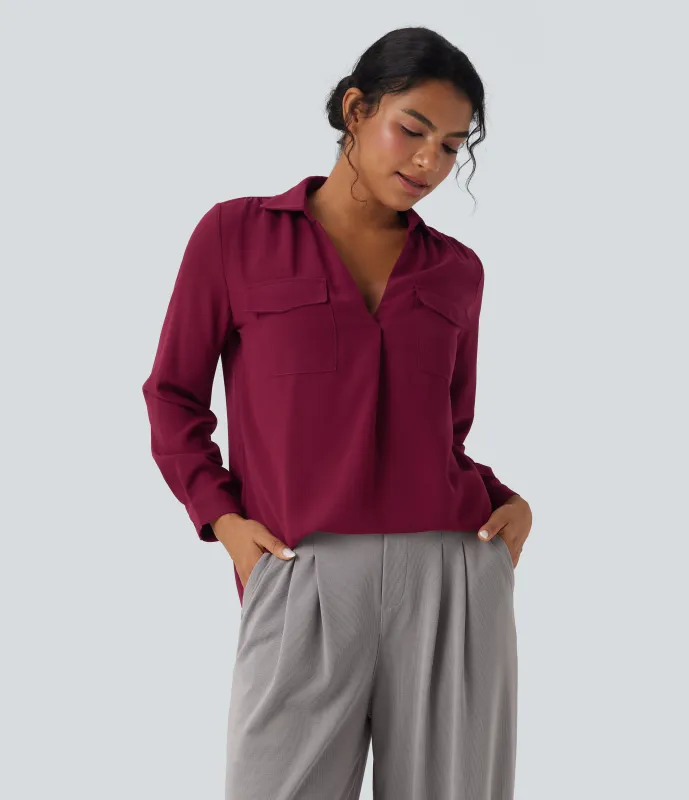 Halara Camisa de oficina de manga larga con cuello en V y bolsillos - Beet Red - M sold by Halara