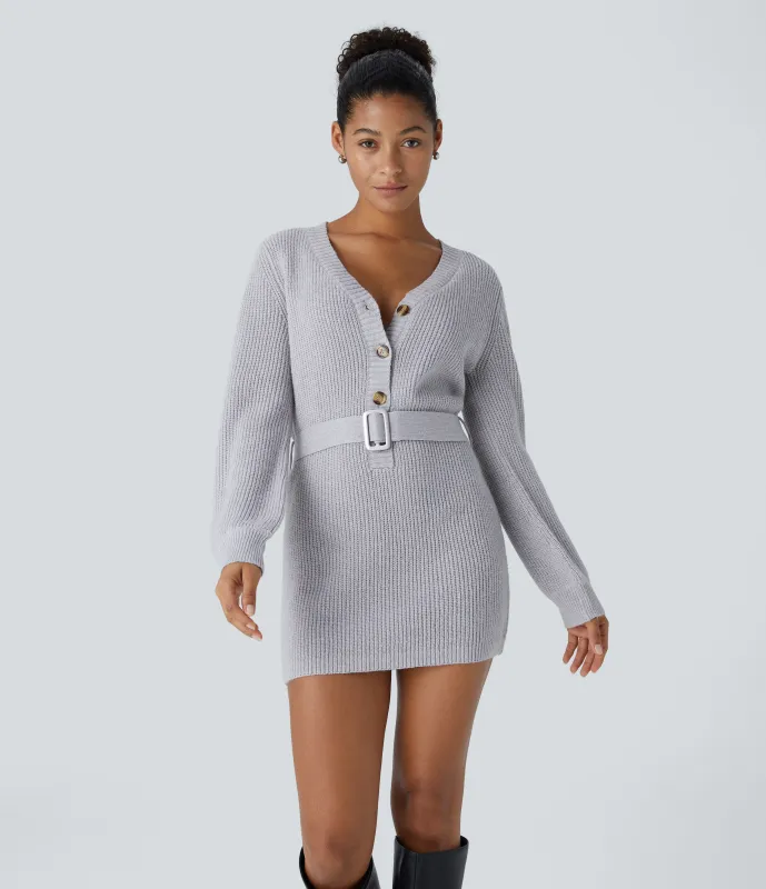 Halara Vestido suéter corto cinturón manga larga botón delantera cuello V - Silver Sconce - XL sold by Halara