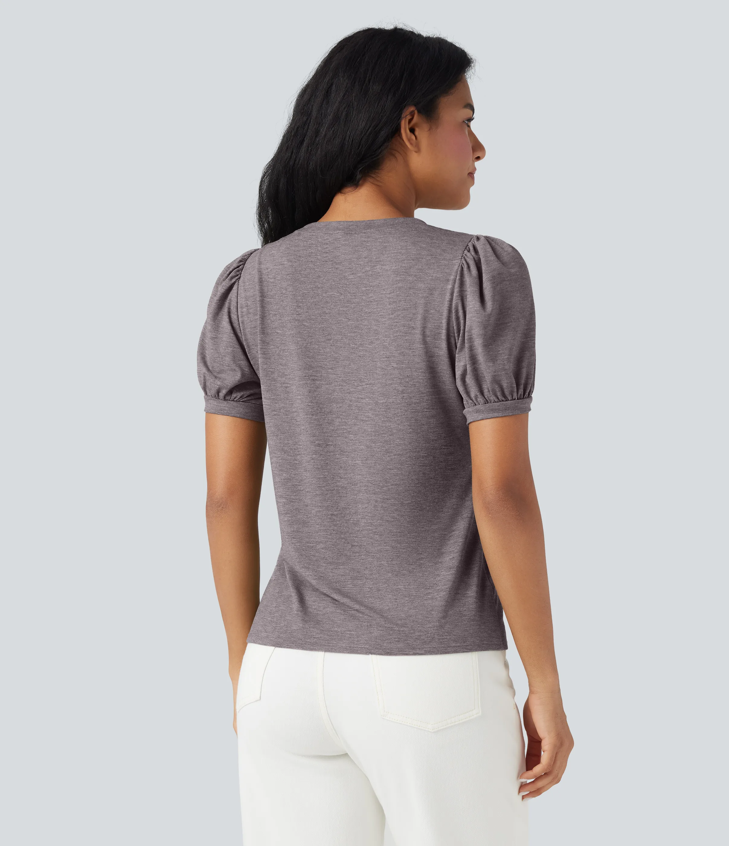 Halara Top casual de cuello redondo y manga corta abullonada - Deep Tea Brown Floral Yarn - L sold by Halara product image thumbnail 3