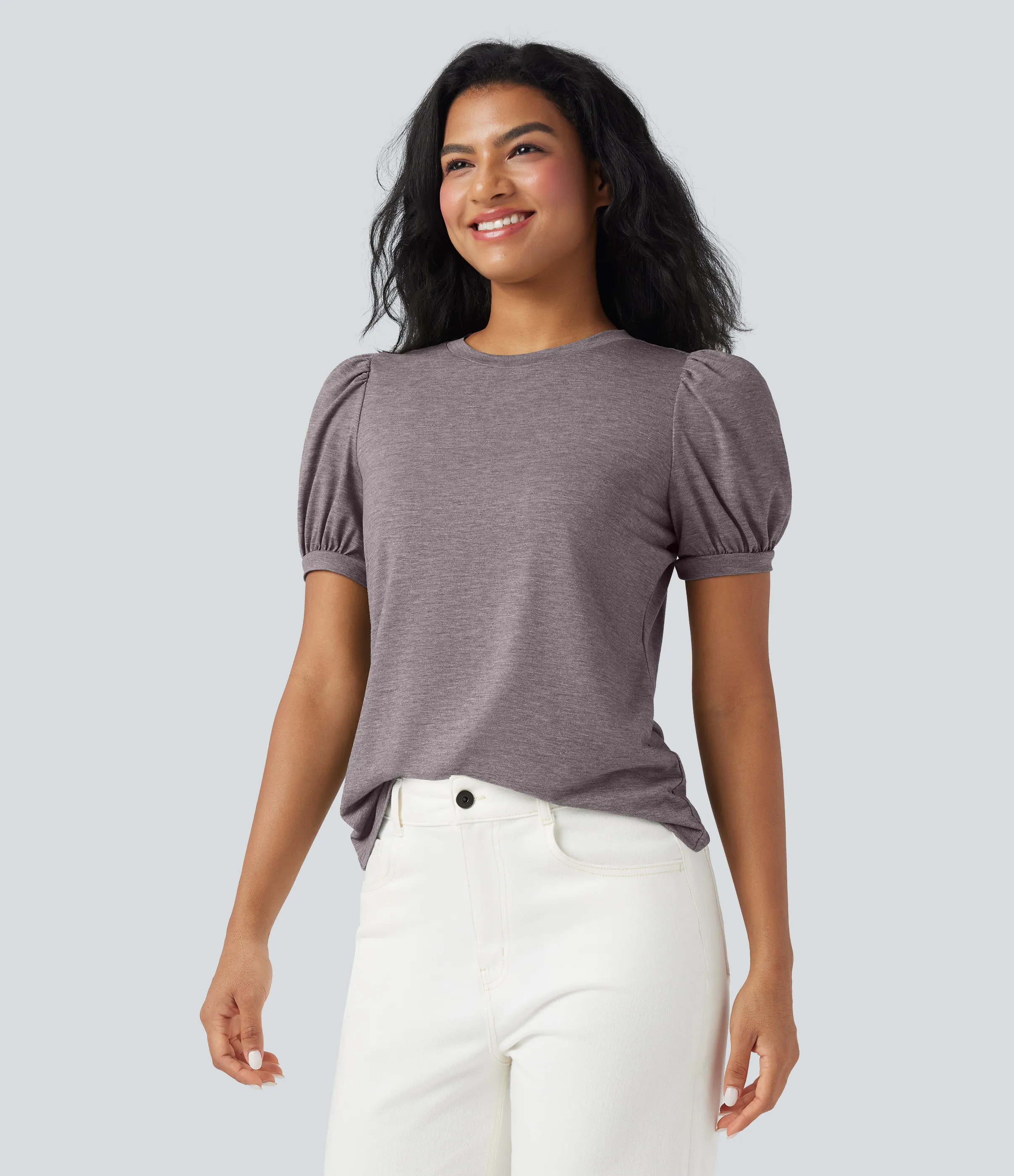 Halara Top casual de cuello redondo y manga corta abullonada - Deep Tea Brown Floral Yarn - L sold by Halara product image thumbnail 4