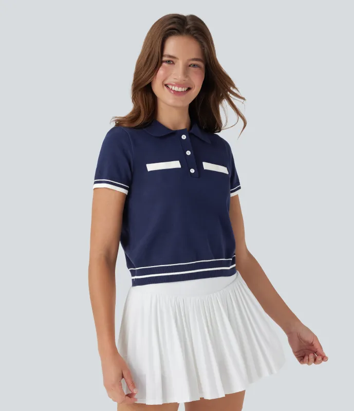 Halara Suéter casual de punto de manga corta con botones delanteros tipo polo - Medieval Blue - XL sold by Halara