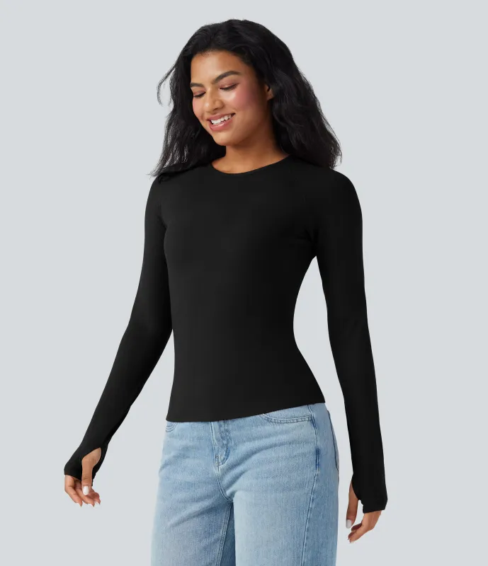 Halara Top casual ajustado de cuello redondo y manga larga con agujeros para los pulgares - Black - M sold by Halara