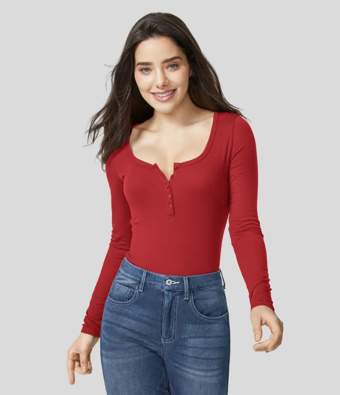 Halara Top ajustado manga larga cuello Henley acanalado - Rubicondo - S sold by Halara