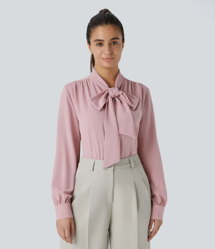 Halara Blusa oficina botón manga larga plisada cuello anudado - Bleached Mauve - XS sold by Halara