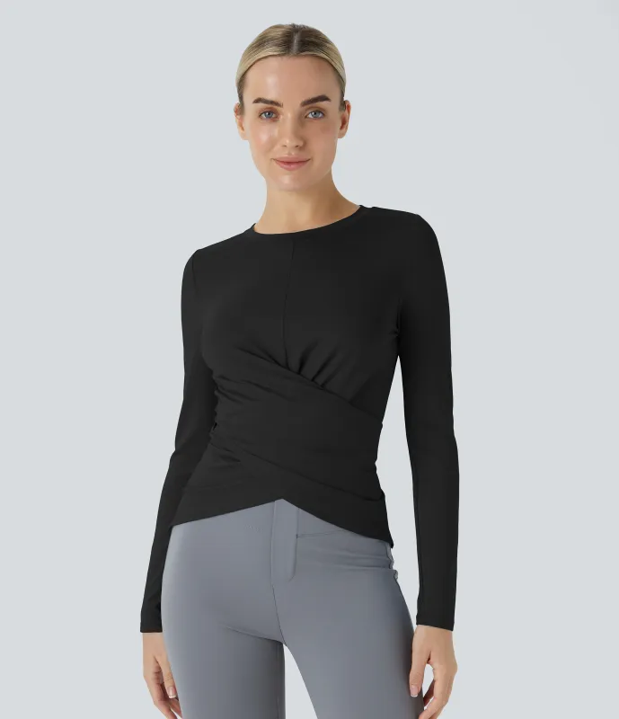 Halara Top oficina botón ajustable dobladillo cruzado manga larga - Black - S sold by Halara