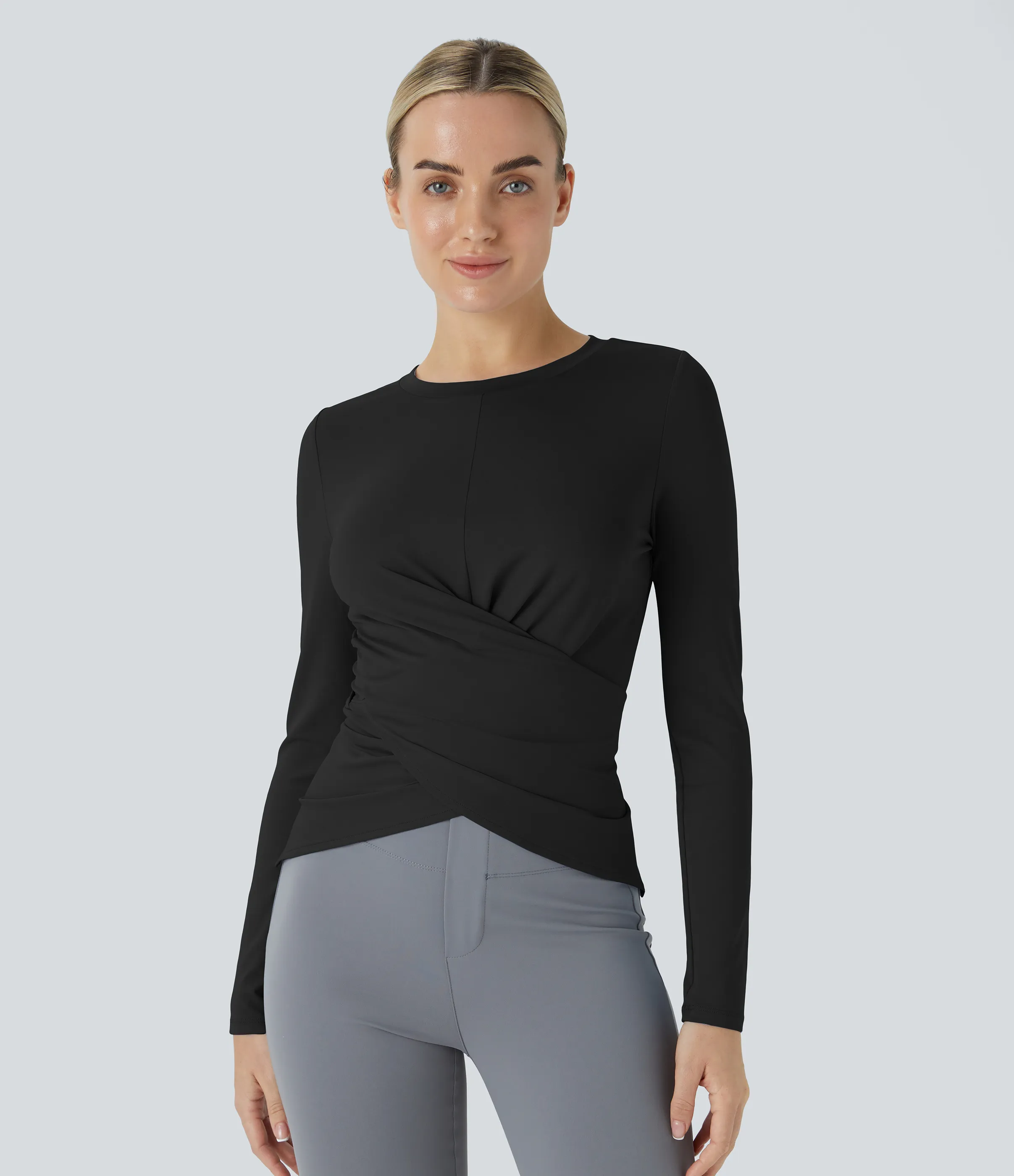 Halara Top oficina botón ajustable dobladillo cruzado manga larga - Black - S sold by Halara