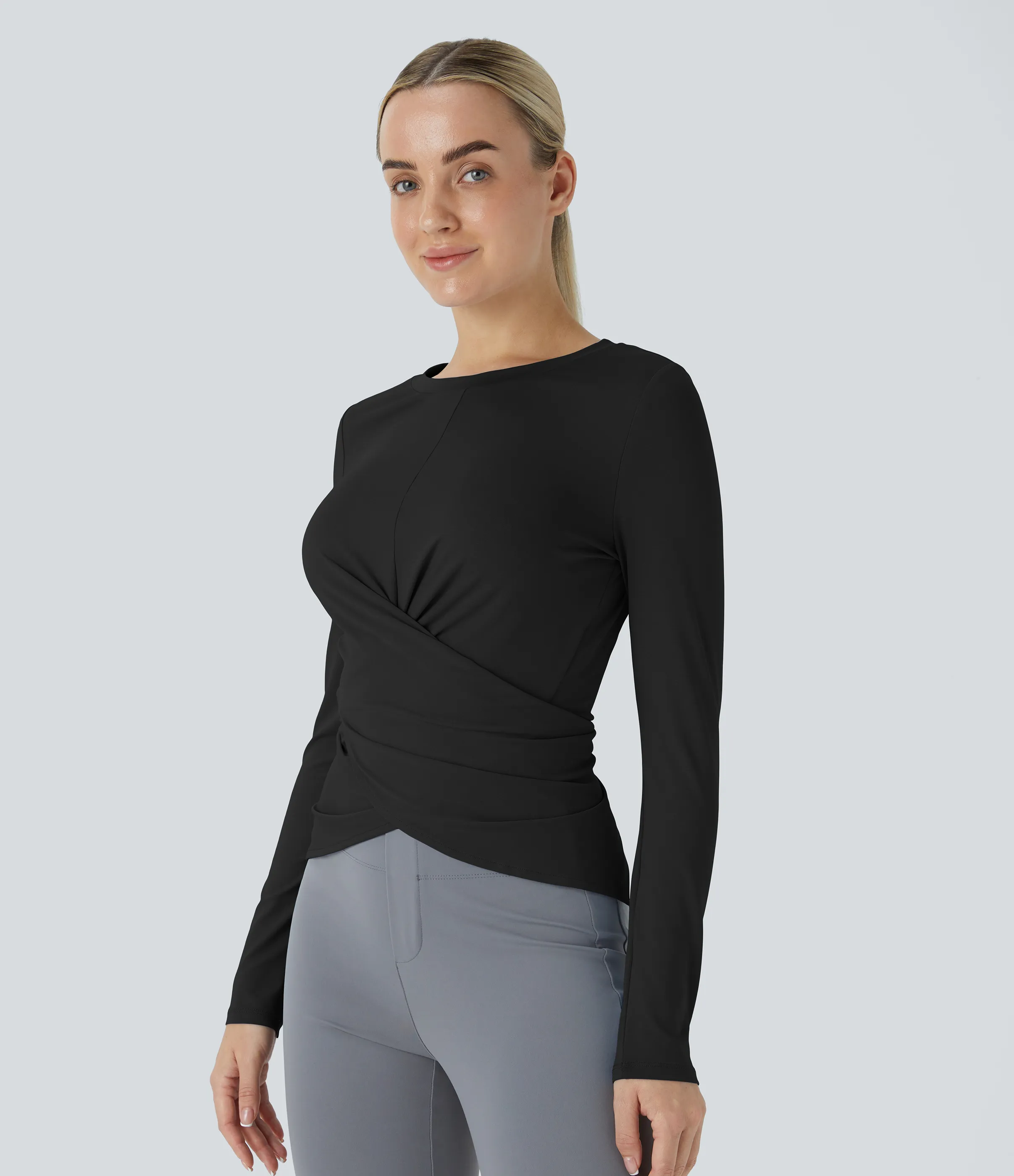 Halara Top oficina botón ajustable dobladillo cruzado manga larga - Black - S sold by Halara product image thumbnail 4