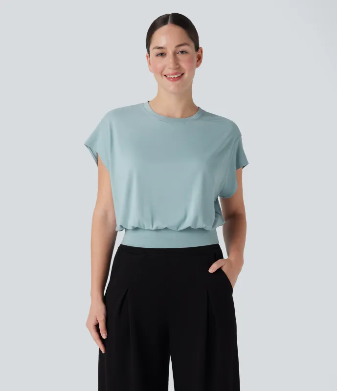 Halara Camiseta de oficina de manga corta de murciélago con cuello redondo - Sterling Blue - S made by Halara