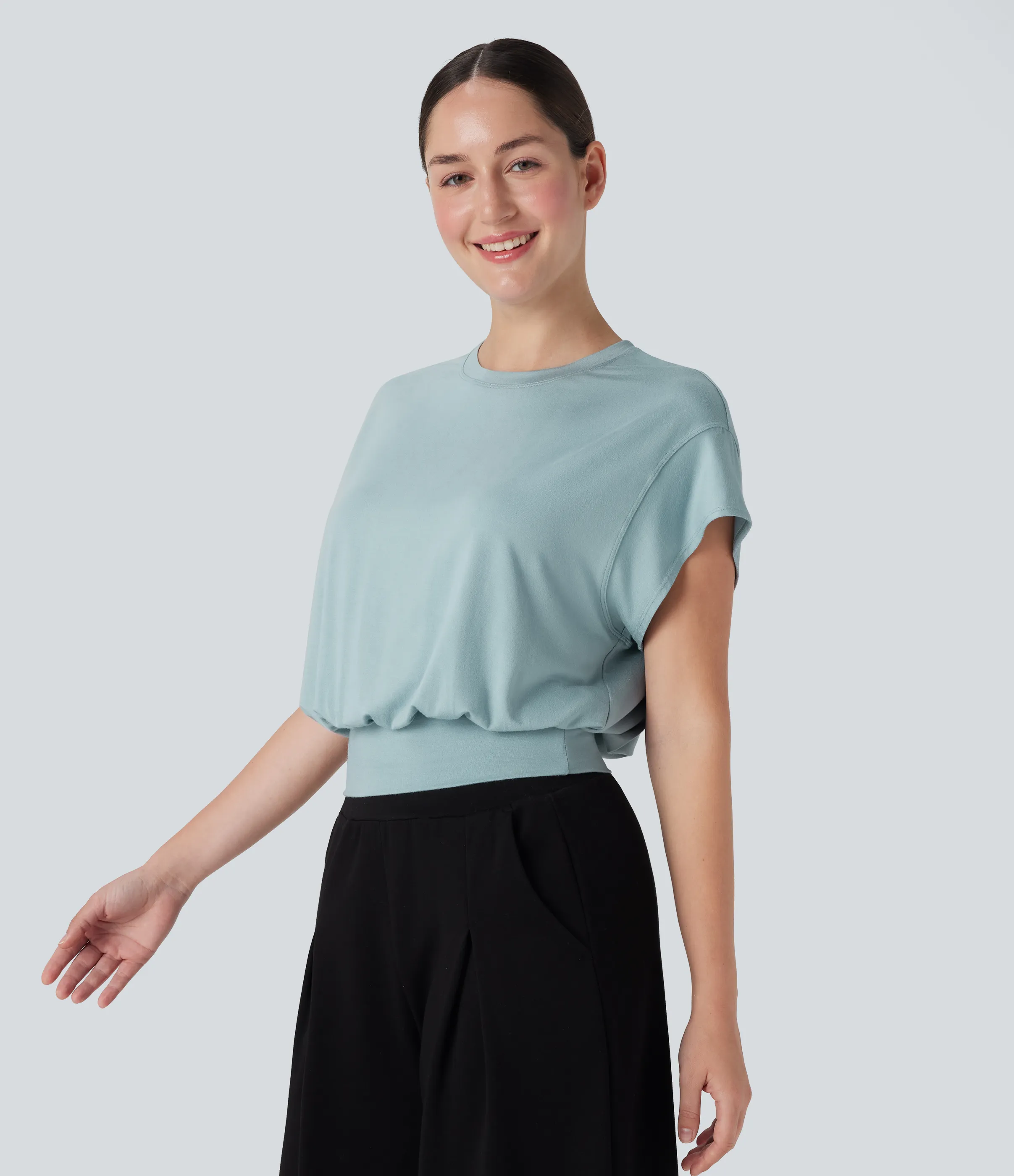 Halara Camiseta de oficina de manga corta de murciélago con cuello redondo - Sterling Blue - S sold by Halara product image thumbnail 4