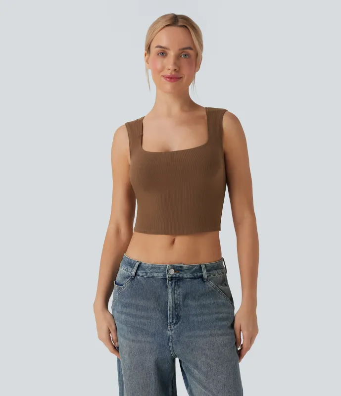 Halara Camiseta corta sin mangas SoftlyZero™ casual con cuello en U y canalé  - Toffee - XL sold by Halara