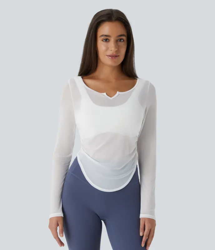 Halara Top deportivo yoga dobladillo curvo fruncido manga larga cuello V malla transparente - Blanc de Blanc - XL sold by Halara