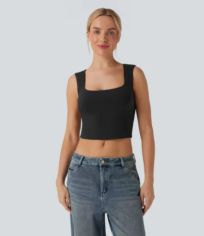 Halara Camiseta corta sin mangas SoftlyZero™ casual con cuello en U y canalé  - Black - XS sold by Halara