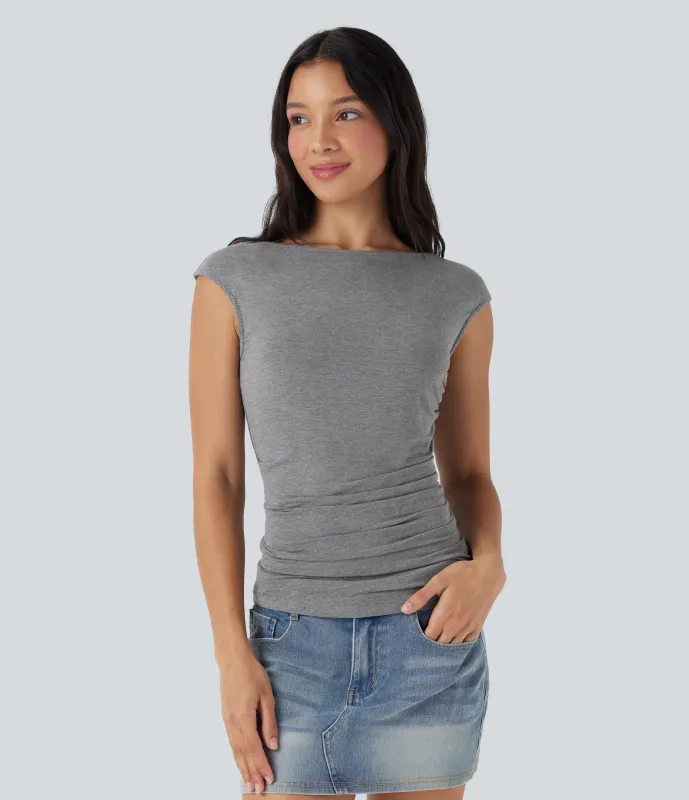 Halara Top casual fruncido con cuello barco y manga corta - Dark Mottled Grey - XL sold by Halara