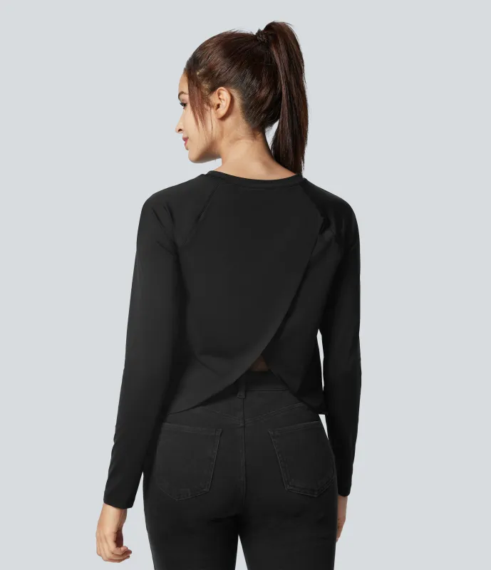 Halara Top deportivo yoga tacto fresco manga larga abertura dobladillo malla contrastante - Black - S sold by Halara