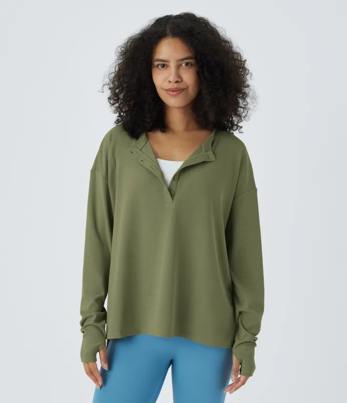Halara Sudadera gofre abertura orificio pulgar botón delantera - Loden Green - S made by Halara