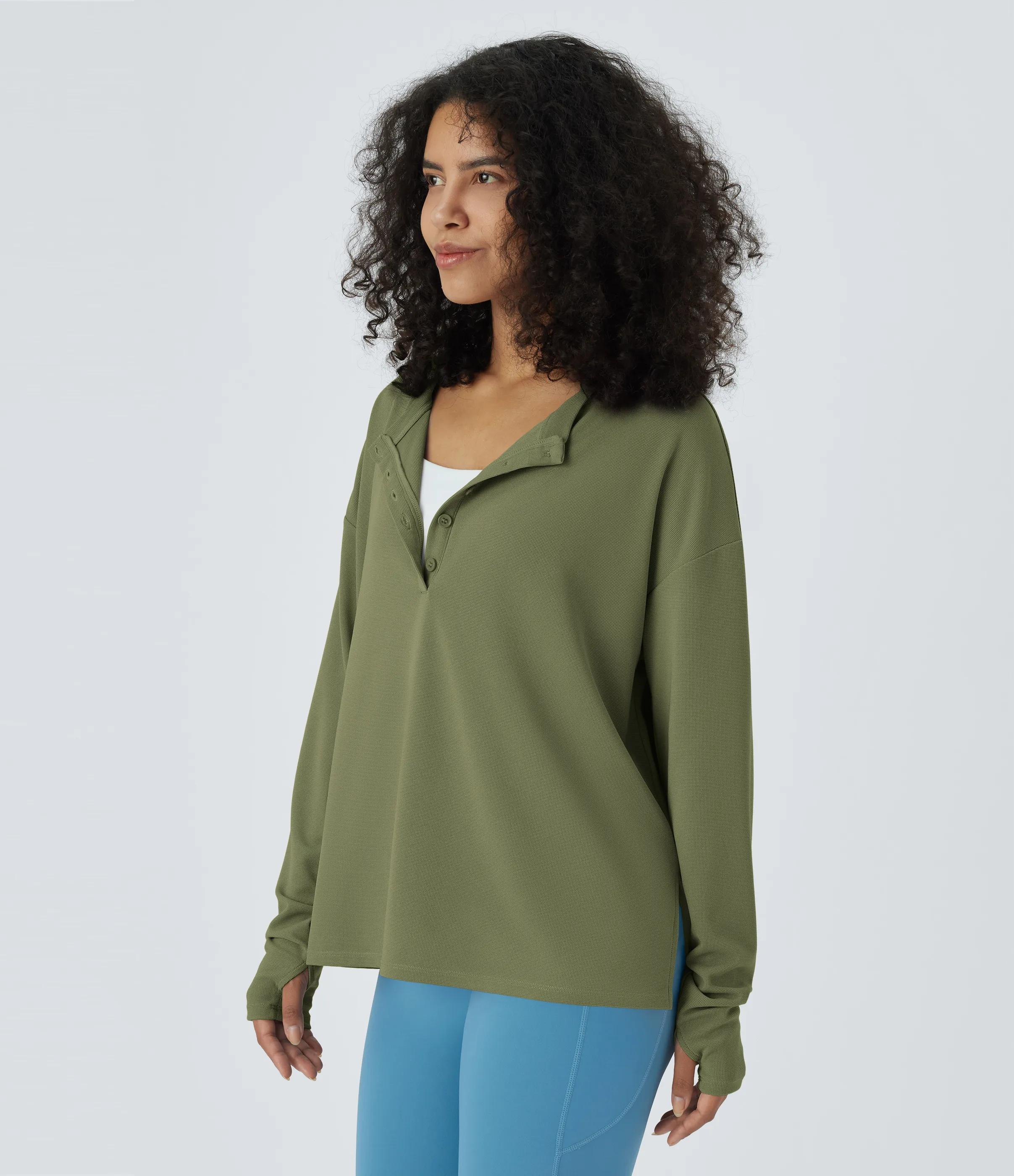 Halara Sudadera gofre abertura orificio pulgar botón delantera - Loden Green - S sold by Halara product image thumbnail 4