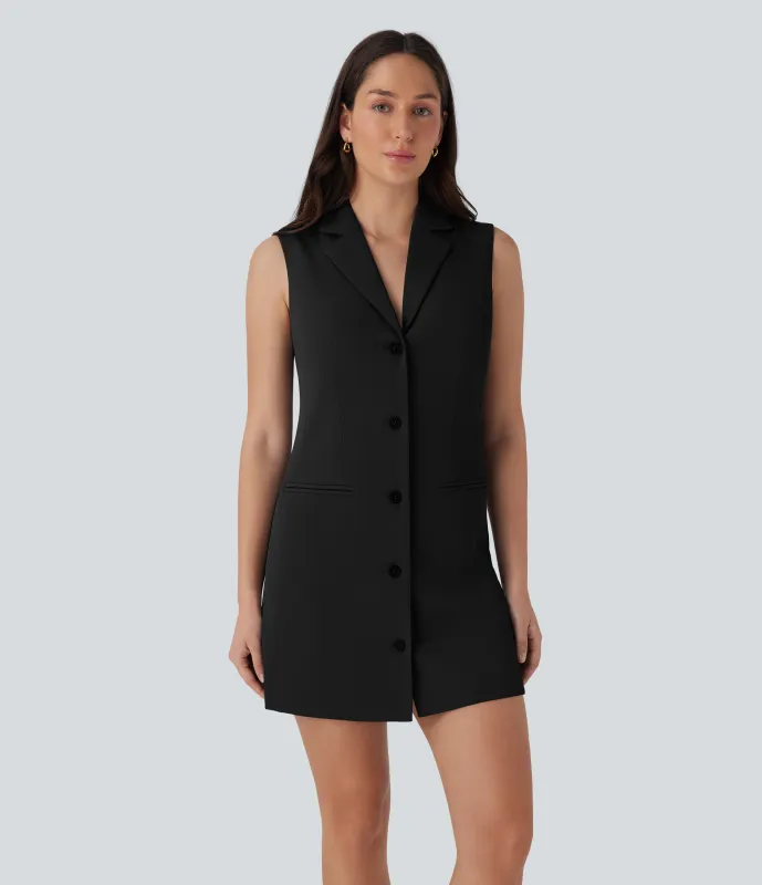 Halara Vestido mini de oficina sin mangas con cuello entallado, botones y bolsillos laterales - Black - XL sold by Halara