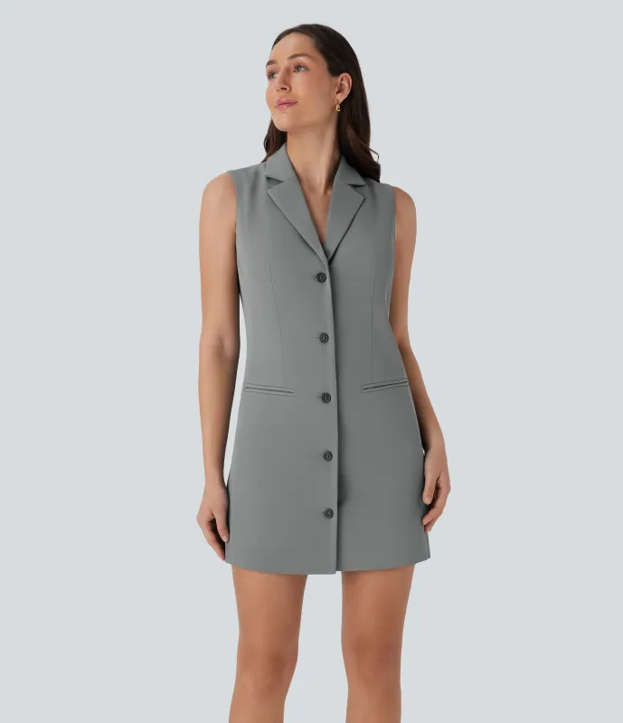 Halara Vestido mini de oficina sin mangas con cuello entallado, botones y bolsillos laterales - Gunpowder Grey - XL sold by Halara