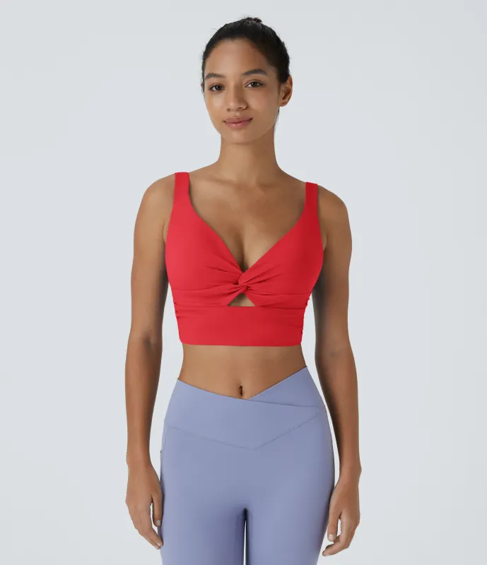 Halara Brasier deportivo de yoga SoftlyZero™ Airy de sujeción baja con abertura y tacto fresco-UPF51+ en copas D-F - Poinsettia - L sold by Halara