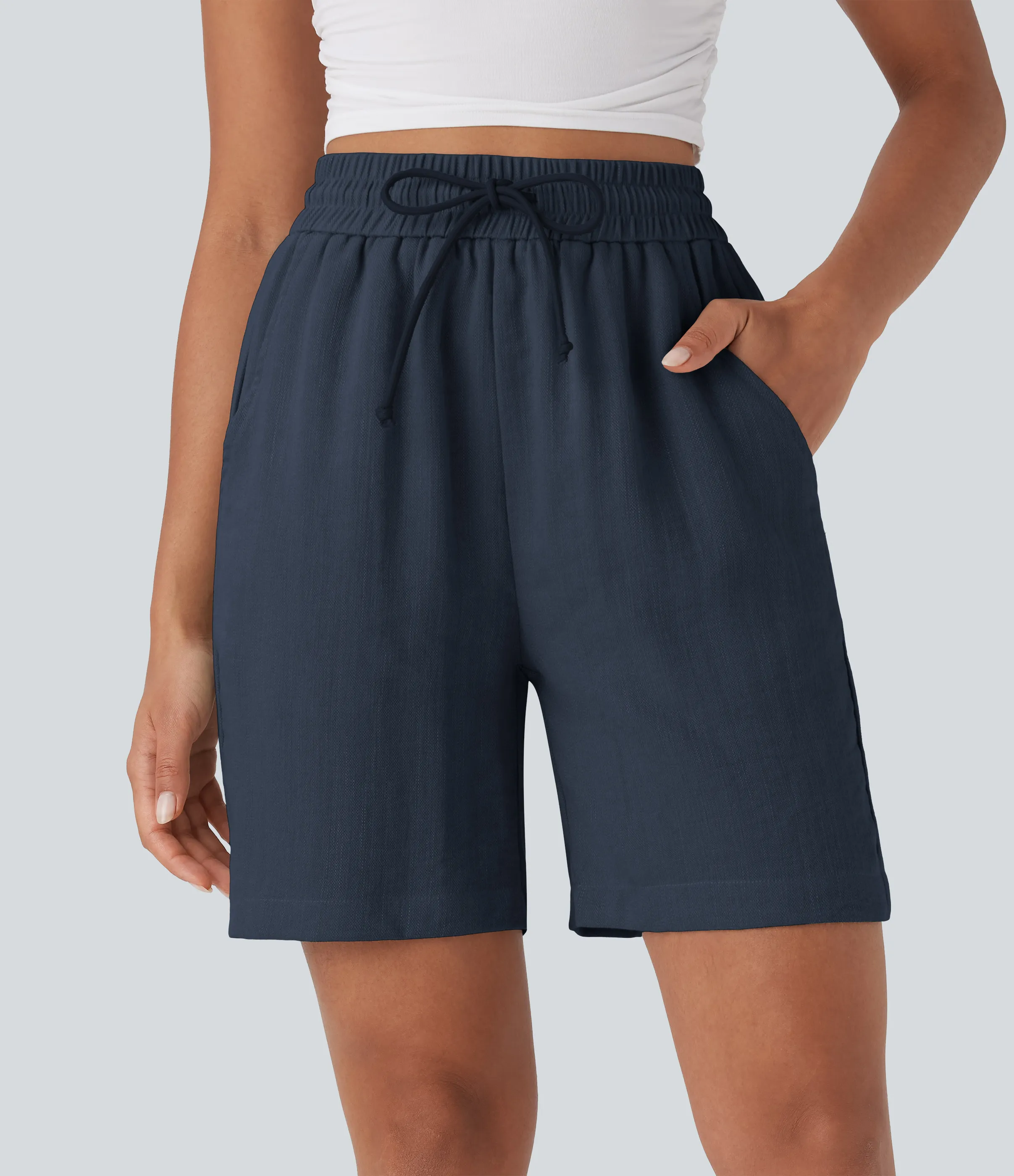 Halara Shorts casuales de lino con tiro alto y cordón ajustable con bolsillos laterales - Deep Twilight Blue - S sold by Halara