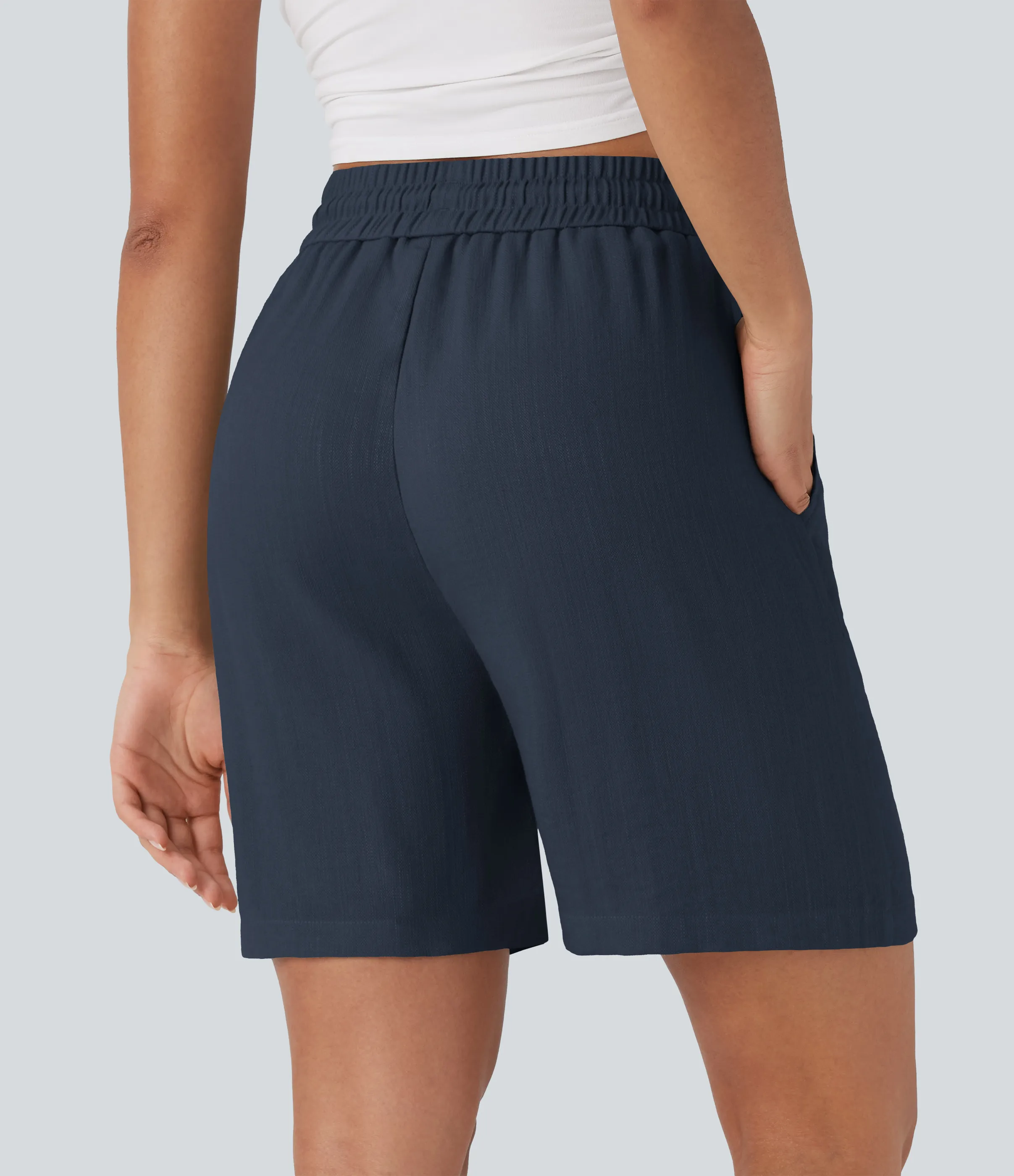 Halara Shorts casuales de lino con tiro alto y cordón ajustable con bolsillos laterales - Deep Twilight Blue - S sold by Halara product image thumbnail 3