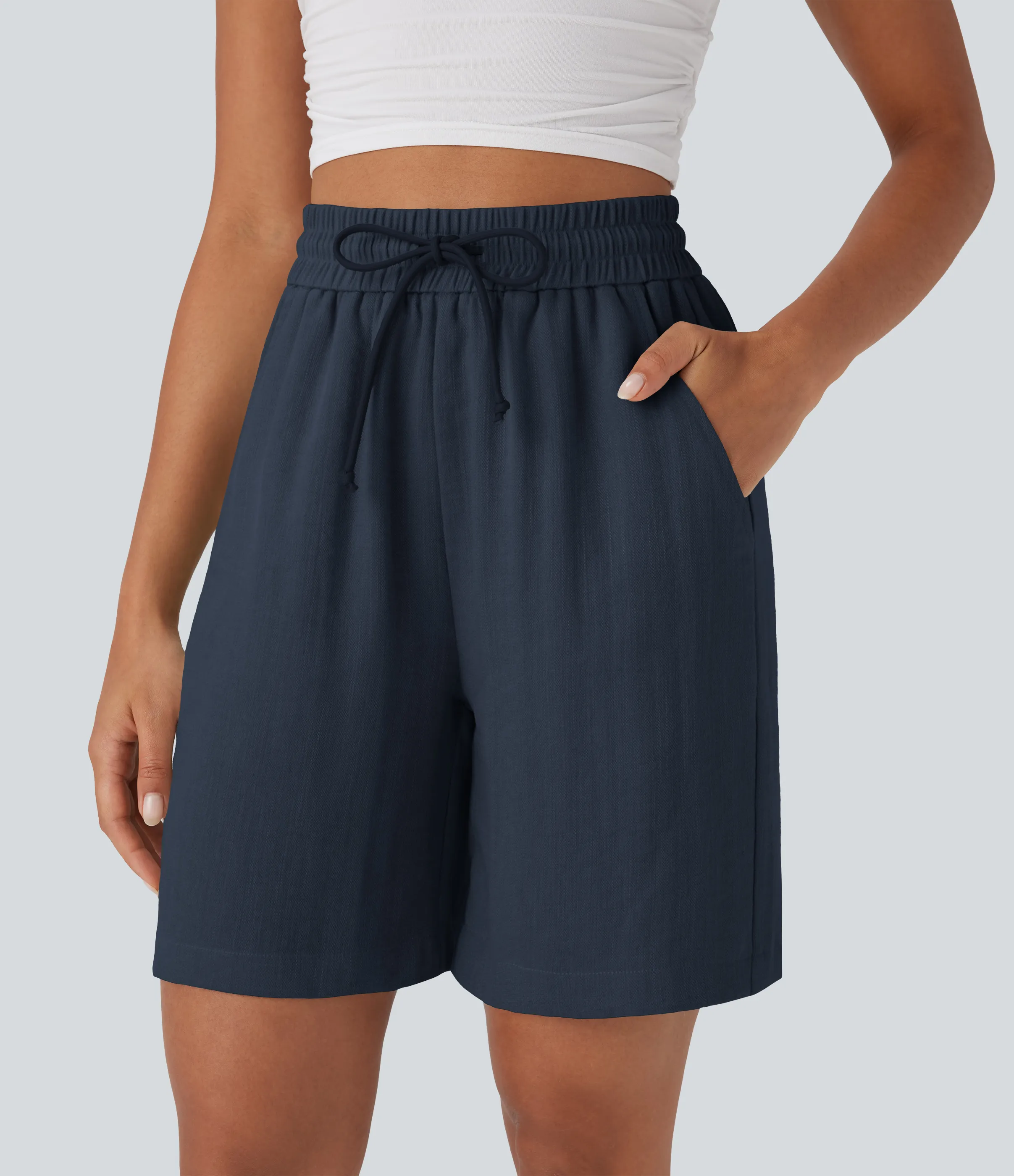 Halara Shorts casuales de lino con tiro alto y cordón ajustable con bolsillos laterales - Deep Twilight Blue - S sold by Halara product image thumbnail 4