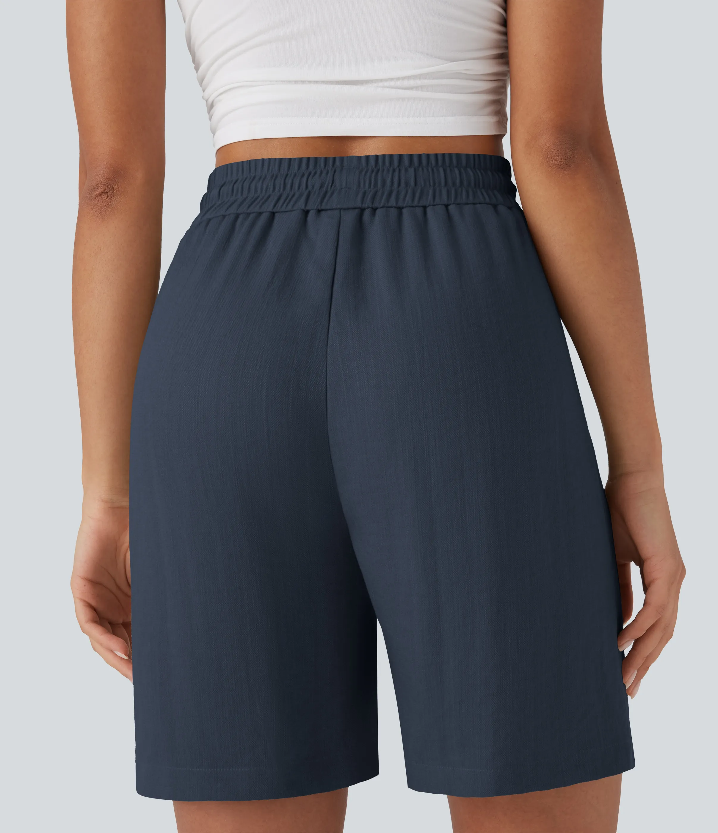Halara Shorts casuales de lino con tiro alto y cordón ajustable con bolsillos laterales - Deep Twilight Blue - S sold by Halara product image thumbnail 5