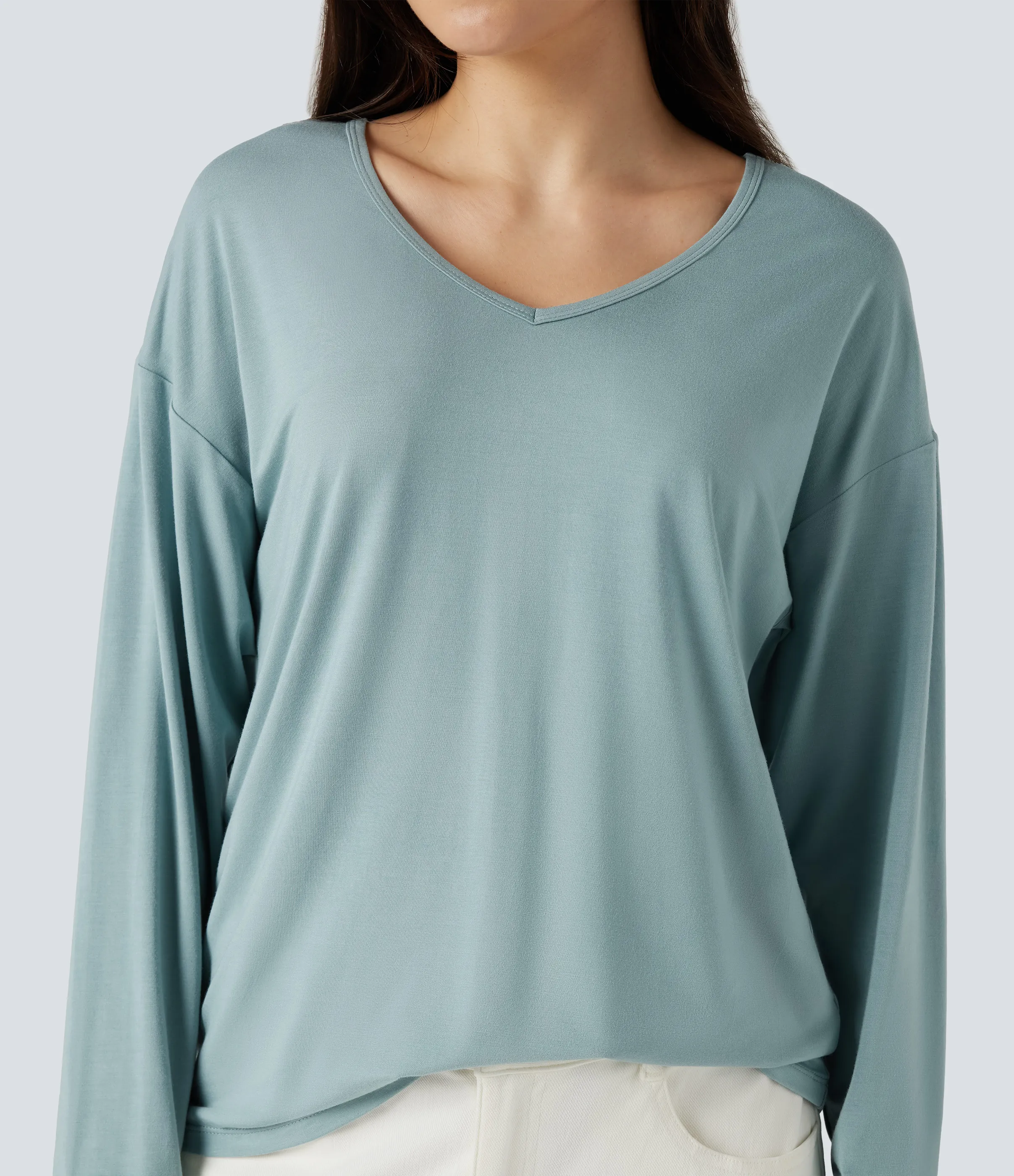 Halara Top casual de manga larga con cuello en V - Oil Blue - XL sold by Halara product image thumbnail 5