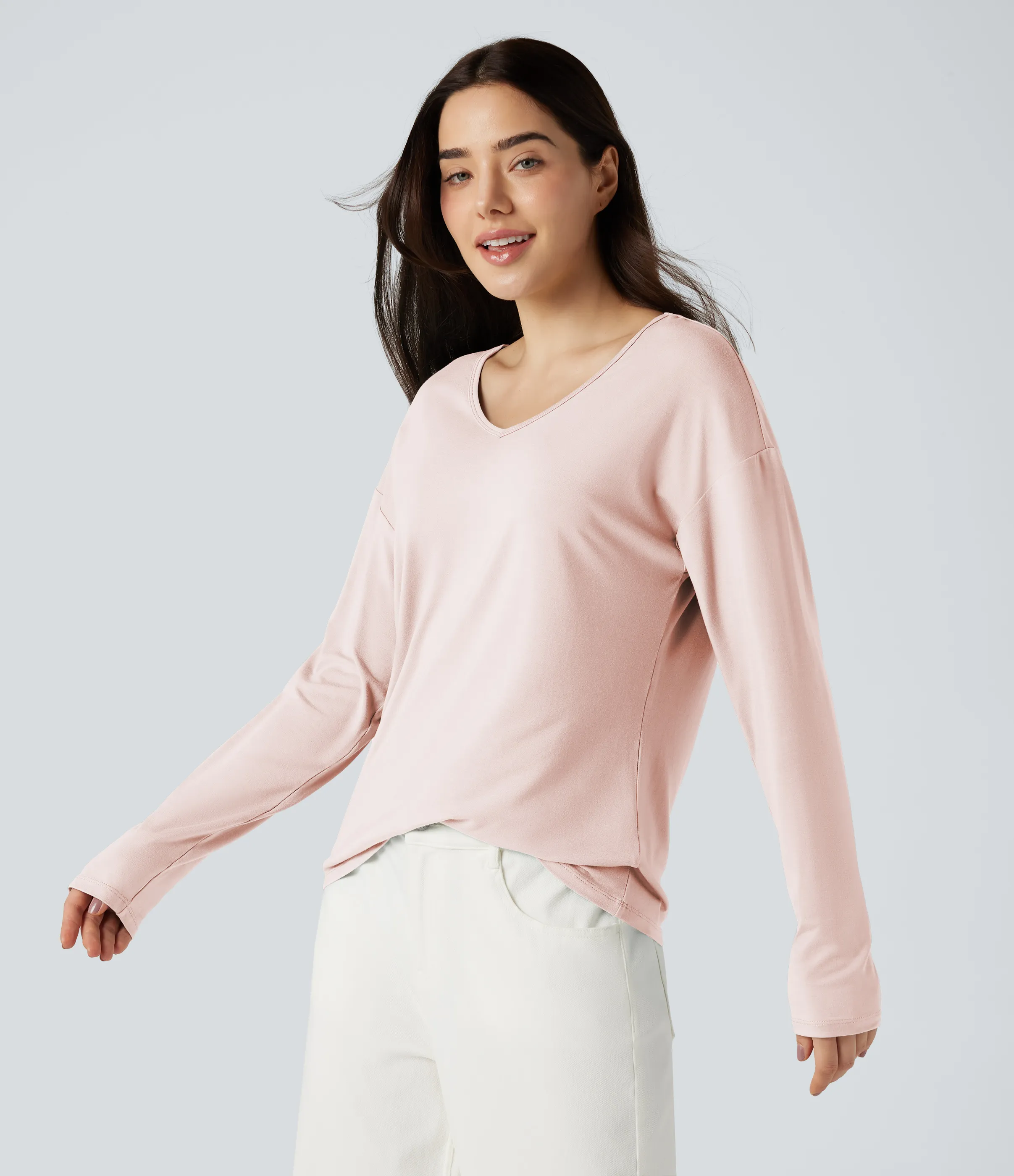 Halara Top casual de manga larga con cuello en V - Sheer Pink - XS sold by Halara product image thumbnail 4