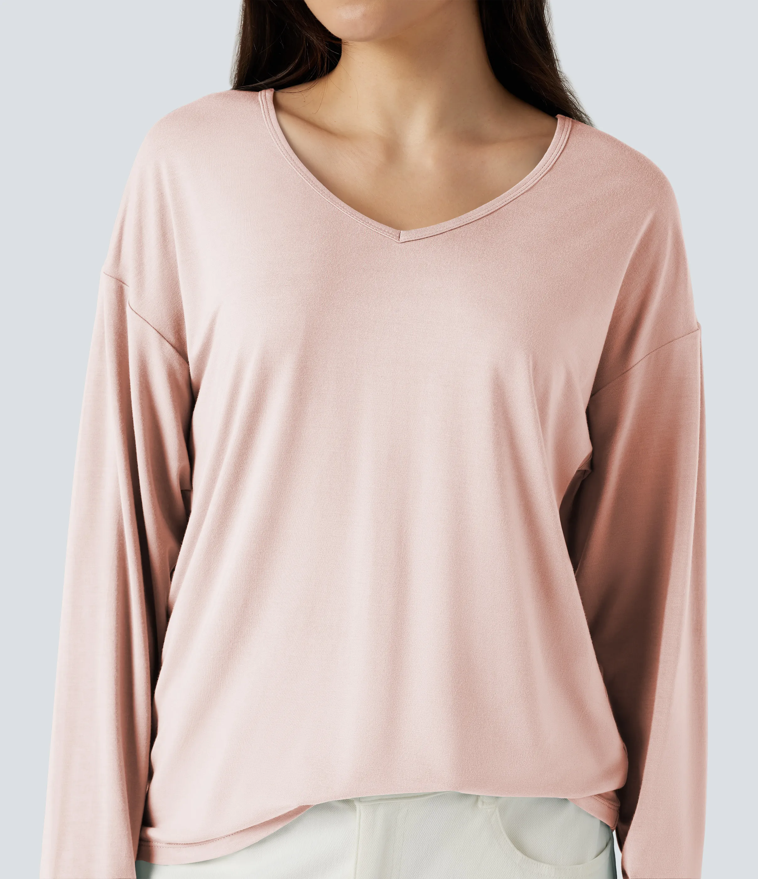 Halara Top casual de manga larga con cuello en V - Sheer Pink - XS sold by Halara product image thumbnail 5
