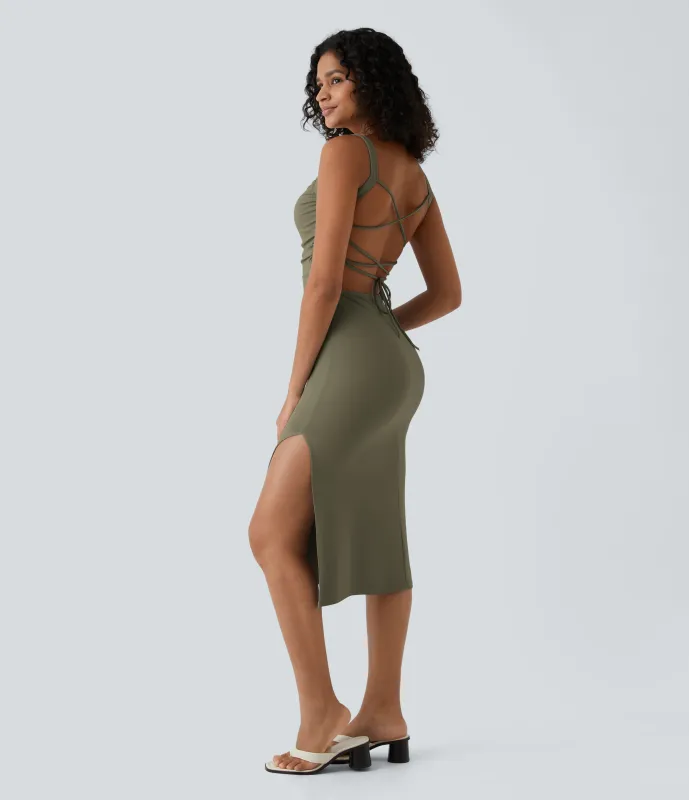 Halara Vestido midi ajustado cordón entrecruzado sin espalda fruncido - Withered Green - L sold by Halara