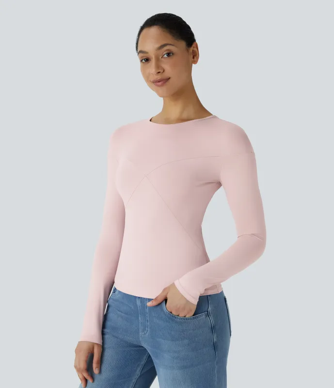 Halara Top ajustado liso manga larga cuello redondo - Pale Lilac - XL sold by Halara