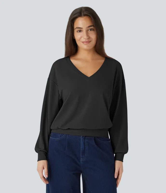 Halara Sudadera gofre cuello V hombro caído manga larga - Black - XS sold by Halara