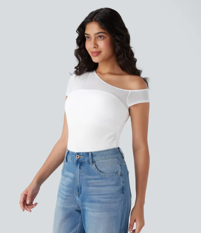 Halara Top casual de un hombro con transparencias en contraste y textura acanalada - White - M sold by Halara