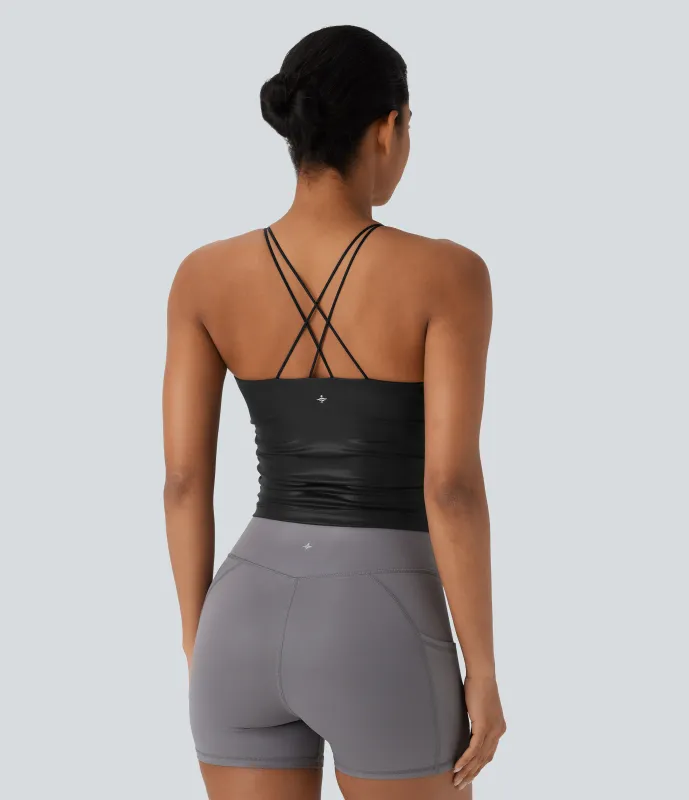 Halara Top de yoga corto de cuero sintético con espalda descubierta, fruncido y entrecruzado, de secado rápido - Black - XS sold by Halara