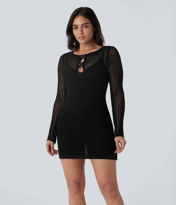 Halara Mini Vestido resort ajustado crochet manga larga sin espalda - Black - S sold by Halara
