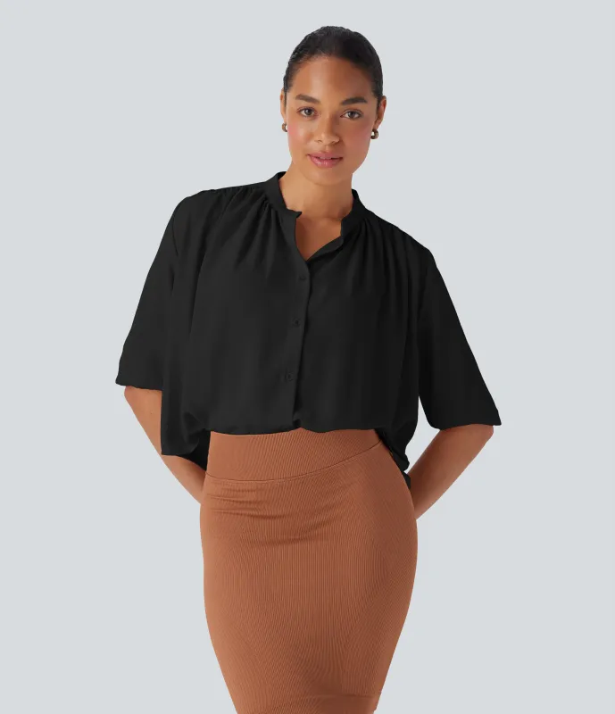 Halara Blusa de lino con cuello redondo de media manga con botones y dobladillo curvo - Black - XS sold by Halara