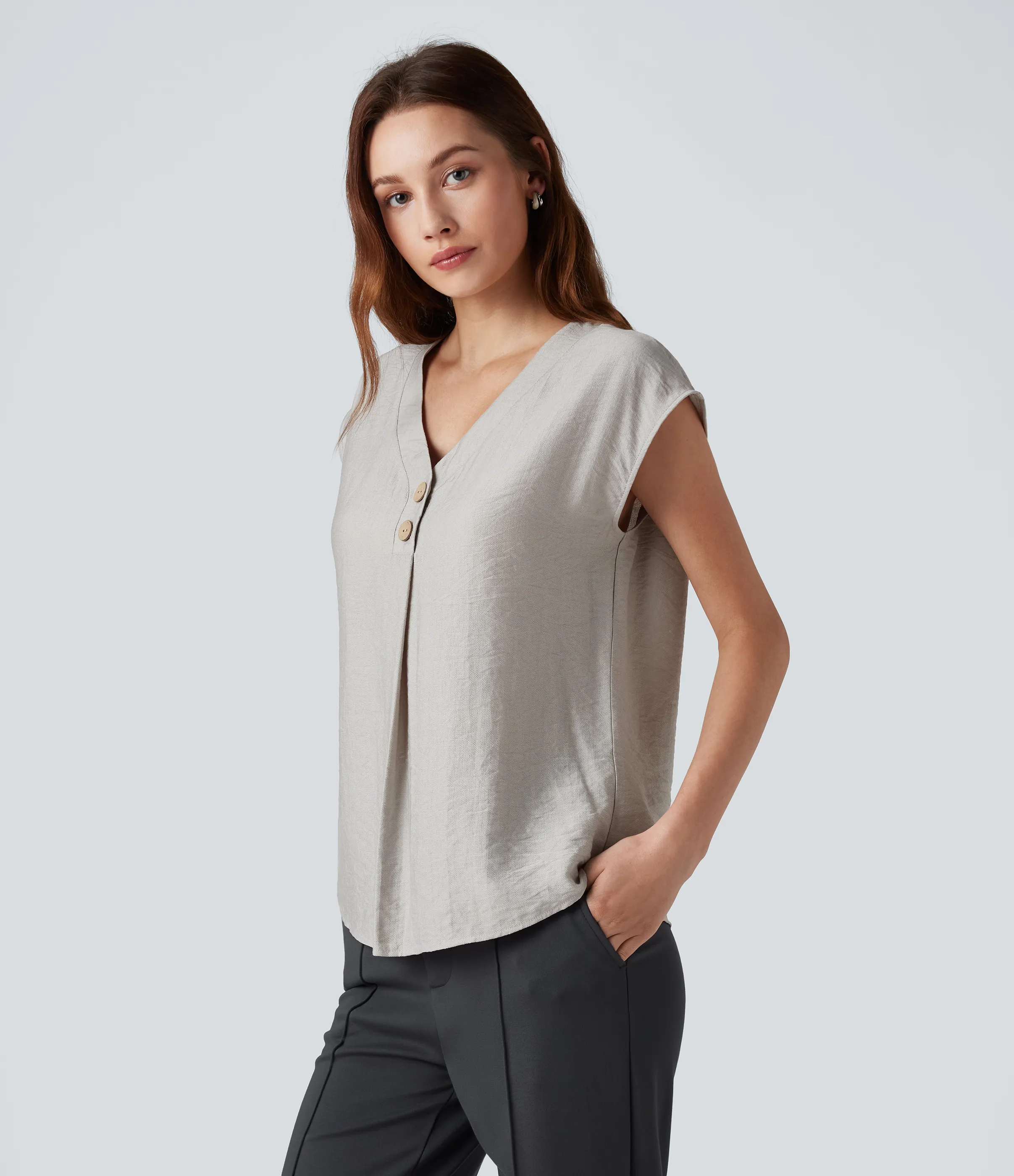 Halara Blusa de oficina de manga corta con botones decorativos y cuello en V - Dawn Blue - M sold by Halara product image thumbnail 4