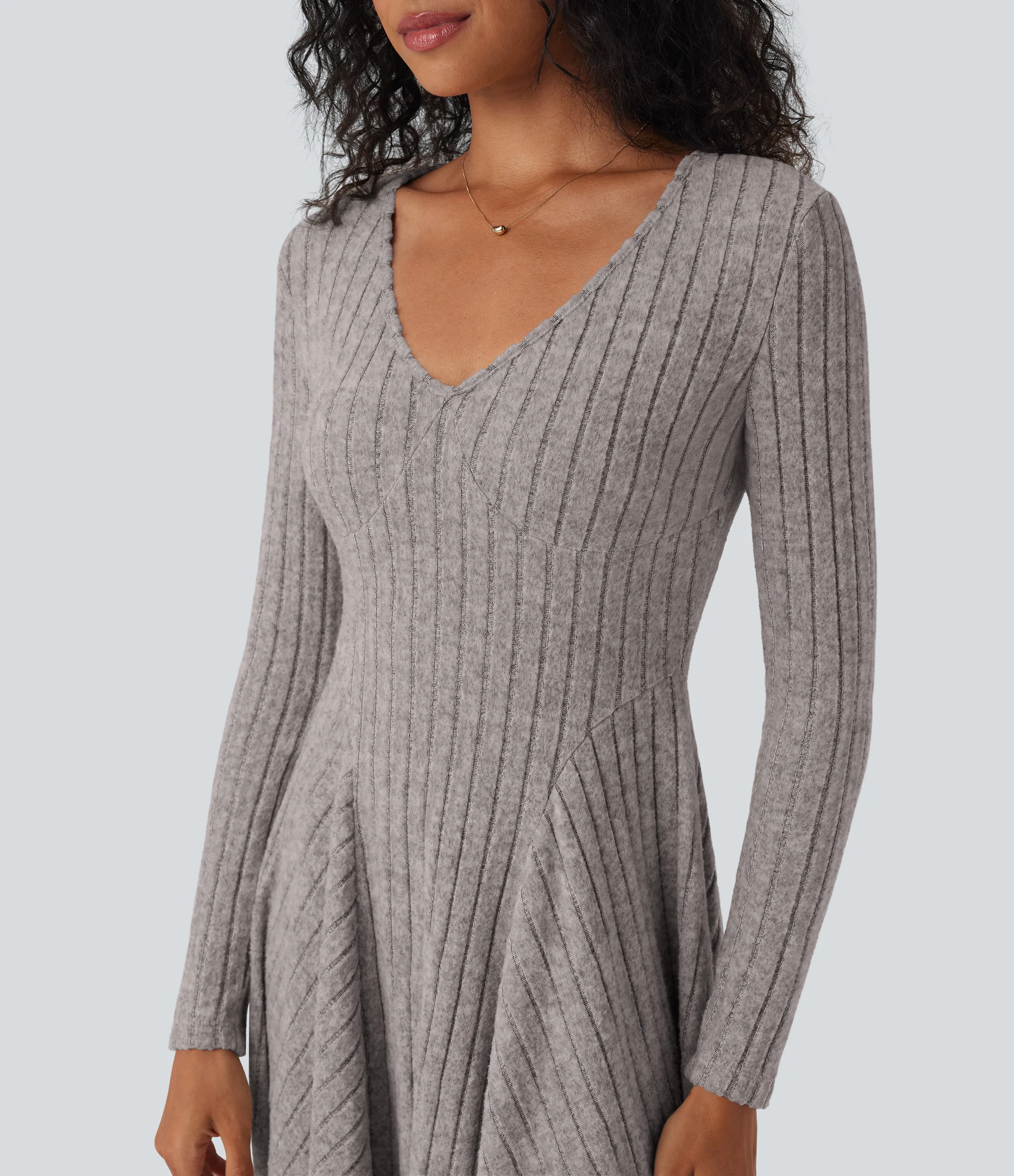 Halara Vestido mini casual acampanado de punto acanalado con cuello en V y manga larga - Light Pink Floral Yarn - S sold by Halara product image thumbnail 5