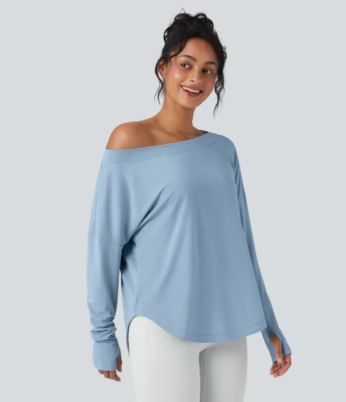 Halara Top deportivo de yoga de secado rápido de manga larga con hombro asimétrico, dobladillo curvo y abertura para el pulgar - Angel Falls - M sold by Halara