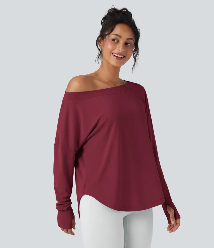 Halara Top deportivo de yoga de secado rápido de manga larga con hombro asimétrico, dobladillo curvo y abertura para el pulgar - Tibetan Red - L sold by Halara