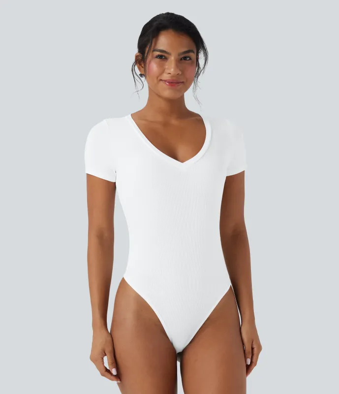 Halara Body de oficina de manga corta con cuello en V y punto acanalado - White - XL sold by Halara