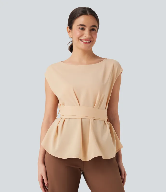 Halara Blusa de oficina antiarrugas con cuello barco sin mangas y lazo en la espalda - Gray Sand - XL sold by Halara