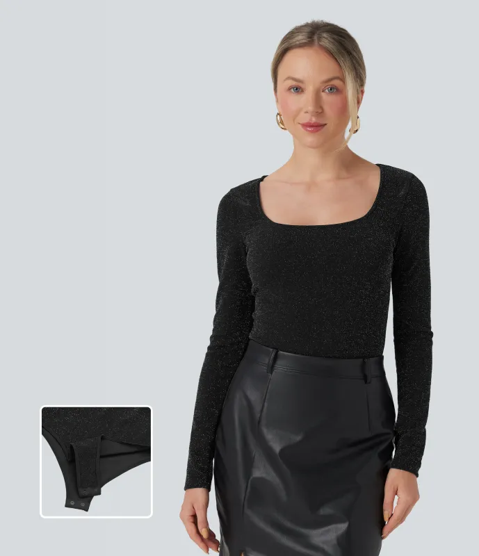 Halara Body metálico de manga larga con cuello cuadrado - Midnight Spark - XS sold by Halara