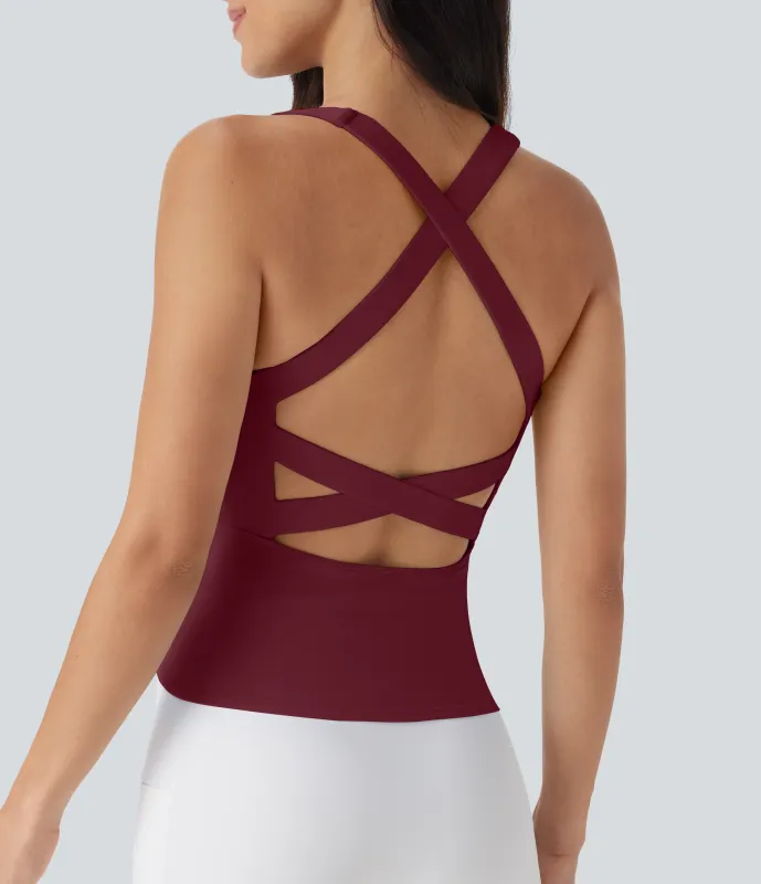 Halara Camiseta sin mangas para running Softlyzero™ fresca con cuello cuadrado, espalda descubierta entrecruzada y fresca al tacto con largo extra - UPF50+ - Cordovan - XL sold by Halara