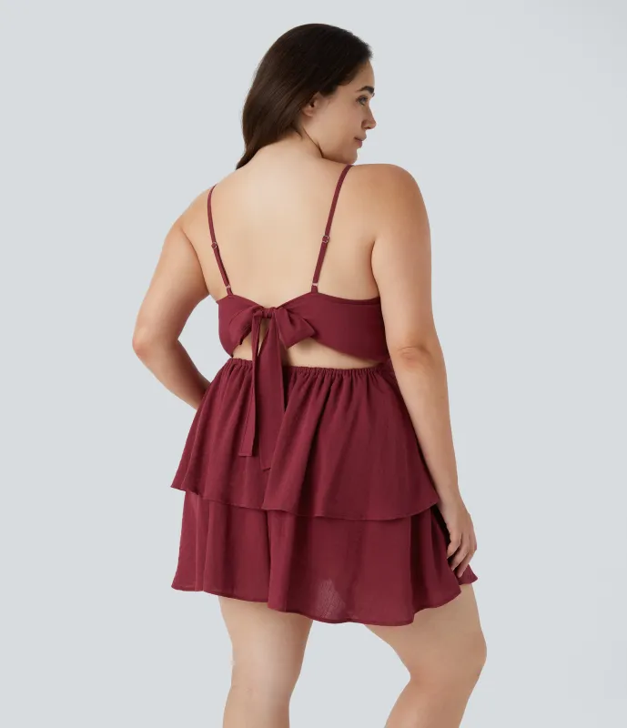 Halara Vestido mini casual de lino con volantes escalonados y lazo en la espalda en tallas grandes - Biking Red - 2X sold by Halara